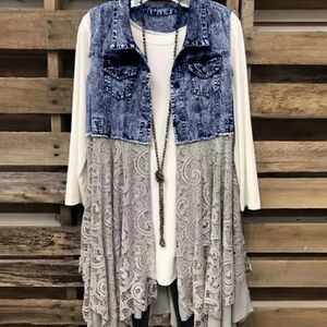 NEW! Gorgeous Denim Lace Boho Long Vest Asymmetrical Hem Gray Blue Gypsy Grunge